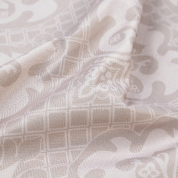 A baby pink and cream damask pattern on a textured fabric. The design features large, ornate floral medallions with stylized acanthus leaf scrolls, arranged in a structured, repeating grid.