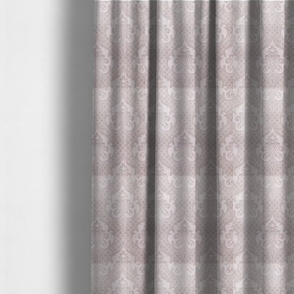 The fabric used to create these made-to-measure curtains has a baby pink and cream damask pattern on a textured fabric. The design features large, ornate floral medallions with stylized acanthus leaf scrolls, arranged in a structured, repeating grid.