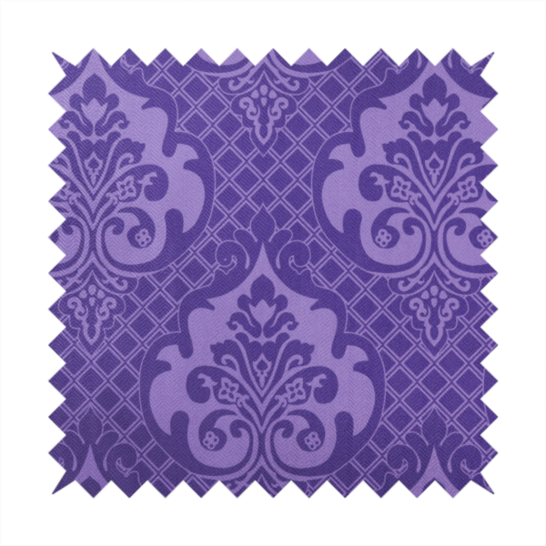 The design features large, ornate floral medallions and scrolling acanthus leaves in a lighter violet shade, set against a deep, saturated purple background. A fine diagonal lattice grid fills the background between the motifs, and the material displays a clear woven texture that adds structural depth and a sophisticated sheen to the tonal design.