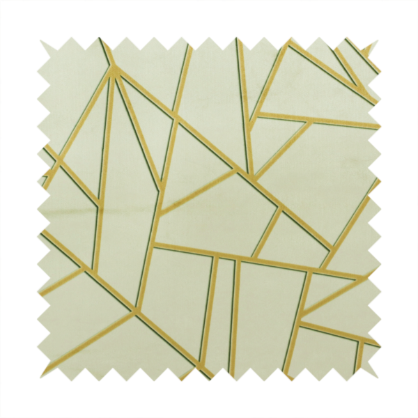 A close-up of a luxurious fabric featuring a geometric, fractured glass pattern. The design consists of irregular, sharp-angled polygons in a pale sage green or muted seafoam hue. These shapes are separated by thick, shimmering gold metallic lines that appear slightly recessed or embossed, creating a high-contrast, mosaic-like effect.