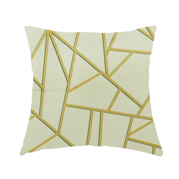 The fabric used to create this handmade cushion is a geometric, fractured glass pattern. The design consists of irregular, sharp-angled polygons in a pale sage green or muted seafoam hue. These shapes are separated by thick, shimmering gold metallic lines that appear slightly recessed or embossed, creating a high-contrast, mosaic-like effect.