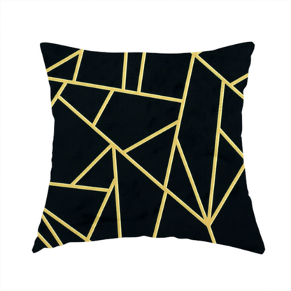 The fabric used to create these handmade cushions is a high-contrast black and gold fabric featuring a fractured, geometric mosaic design. The deep, matte black background is intersected by a network of sharp, metallic gold lines that form irregular, angular polygons. The pattern resembles a web of shimmering gold veins or a stylized shattered-glass effect, giving the textile a luxurious, Art Deco-inspired aesthetic.