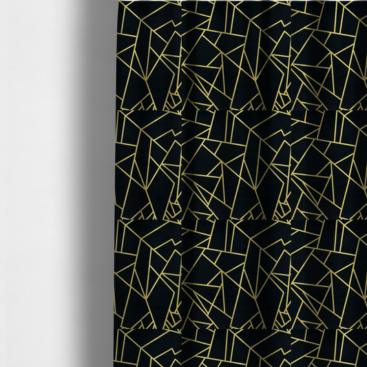The fabric used to create these made-to-measure curtains is a high-contrast black and gold fabric featuring a fractured, geometric mosaic design. The deep, matte black background is intersected by a network of sharp, metallic gold lines that form irregular, angular polygons. The pattern resembles a web of shimmering gold veins or a stylized shattered-glass effect, giving the textile a luxurious, Art Deco-inspired aesthetic.