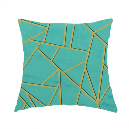 The fabric used to create this handmade cushion is a luxurious teal or bright turquoise fabric featuring a fractured, geometric mosaic pattern. The vibrant, plush background is divided by a network of shimmering metallic gold lines that form sharp, irregular polygons. The design creates a striking shattered-glass or "cracked ice" effect, blending a high-energy jewel tone with sophisticated, Art Deco-inspired gold linework for a modern, architectural look.