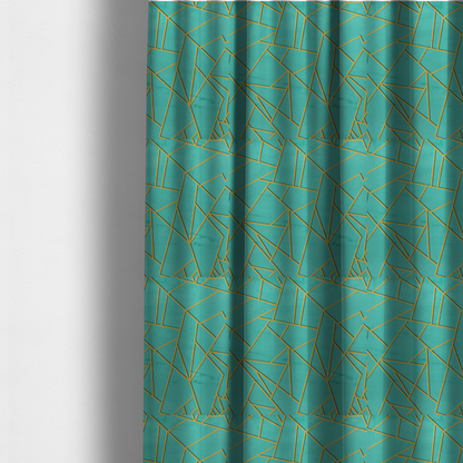 The fabric used to create these made-to-measure curtains is a luxurious teal or bright turquoise fabric featuring a fractured, geometric mosaic pattern. The vibrant, plush background is divided by a network of shimmering metallic gold lines that form sharp, irregular polygons. The design creates a striking shattered-glass or "cracked ice" effect, blending a high-energy jewel tone with sophisticated, Art Deco-inspired gold linework for a modern, architectural look.