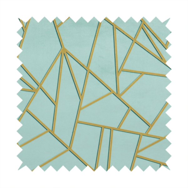 A close-up of a luxurious light aqua or pale sky blue fabric featuring a fractured, geometric mosaic pattern. The soft, matte background is segmented by a network of embossed metallic gold lines that create sharp, irregular polygons. This "cracked ice" or shattered-glass effect pairs a serene, cool-toned pastel with warm, shimmering gold linework for a sophisticated and modern Art Deco-inspired look.