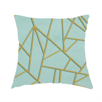 The fabric used to create this handmade cushion is a luxurious light aqua or pale sky blue fabric featuring a fractured, geometric mosaic pattern. The soft, matte background is segmented by a network of embossed metallic gold lines that create sharp, irregular polygons. This "cracked ice" or shattered-glass effect pairs a serene, cool-toned pastel with warm, shimmering gold linework for a sophisticated and modern Art Deco-inspired look.