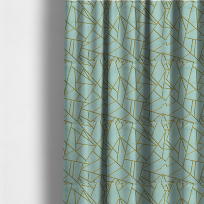 The fabric used to create these made-to-measure curtains is a luxurious light aqua or pale sky blue fabric featuring a fractured, geometric mosaic pattern. The soft, matte background is segmented by a network of embossed metallic gold lines that create sharp, irregular polygons. This "cracked ice" or shattered-glass effect pairs a serene, cool-toned pastel with warm, shimmering gold linework for a sophisticated and modern Art Deco-inspired look.