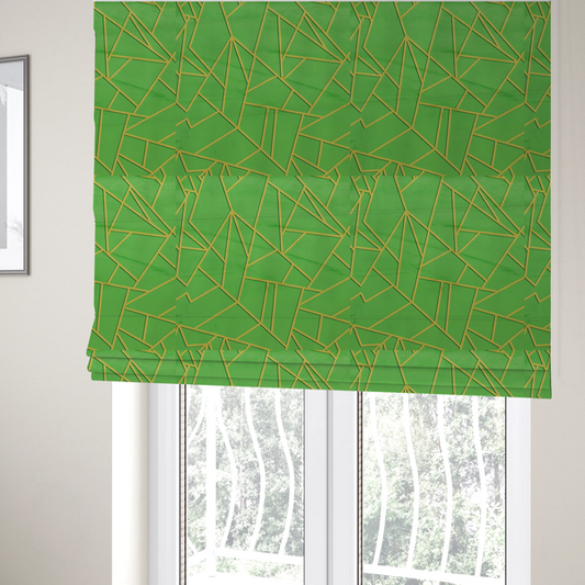 The fabric used to create these Roman blinds is a vibrant bright green fabric featuring a fractured, geometric mosaic pattern. The lively, matte background is segmented by a network of recessed metallic gold lines that form sharp, irregular polygons. This "cracked ice" or shattered-glass effect creates a bold, modern look, combining a lush, verdant base with shimmering, Art Deco-inspired accents.