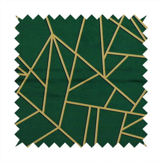 A close-up of a luxurious forest green fabric featuring a fractured, geometric mosaic pattern. The dark, velvety background is segmented by a network of recessed metallic gold lines that form sharp, irregular polygons. This "shattered-glass" effect pairs a sophisticated, deep-toned base with shimmering, Art Deco-inspired gold linework for a dramatic and architectural look.