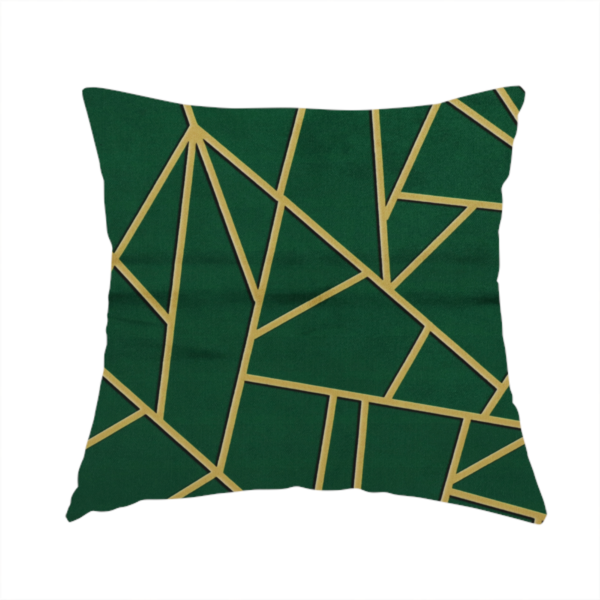 The fabric used to create this handmade cushion is a luxurious forest green fabric featuring a fractured, geometric mosaic pattern. The dark, velvety background is segmented by a network of recessed metallic gold lines that form sharp, irregular polygons. This "shattered-glass" effect pairs a sophisticated, deep-toned base with shimmering, Art Deco-inspired gold linework for a dramatic and architectural look.