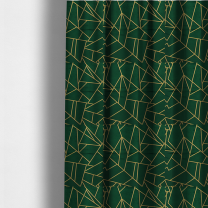 The fabric used to create these made-to-measure curtains is a luxurious forest green fabric featuring a fractured, geometric mosaic pattern. The dark, velvety background is segmented by a network of recessed metallic gold lines that form sharp, irregular polygons. This "shattered-glass" effect pairs a sophisticated, deep-toned base with shimmering, Art Deco-inspired gold linework for a dramatic and architectural look.