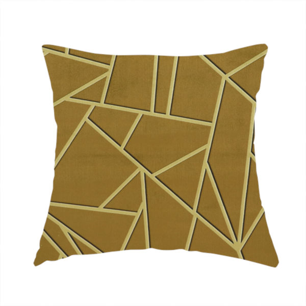 The fabric used to create this handmade cushions is a luxurious olive gold or antique brass-coloured fabric featuring a fractured, geometric mosaic pattern. The rich, matte background is segmented by a network of recessed tone-on-tone lines in a slightly lighter, shimmering shade. This "cracked ice" or shattered-glass effect creates a subtle, sophisticated 3D texture, blending mid-century modern influence with contemporary Art Deco elegance.