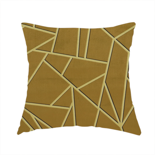 The fabric used to create this handmade cushions is a luxurious olive gold or antique brass-coloured fabric featuring a fractured, geometric mosaic pattern. The rich, matte background is segmented by a network of recessed tone-on-tone lines in a slightly lighter, shimmering shade. This "cracked ice" or shattered-glass effect creates a subtle, sophisticated 3D texture, blending mid-century modern influence with contemporary Art Deco elegance.