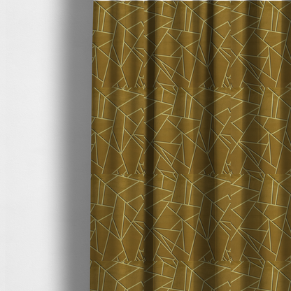 The fabric used to create these made-to-measure curtains is a luxurious olive gold or antique brass-coloured fabric featuring a fractured, geometric mosaic pattern. The rich, matte background is segmented by a network of recessed tone-on-tone lines in a slightly lighter, shimmering shade. This "cracked ice" or shattered-glass effect creates a subtle, sophisticated 3D texture, blending mid-century modern influence with contemporary Art Deco elegance.