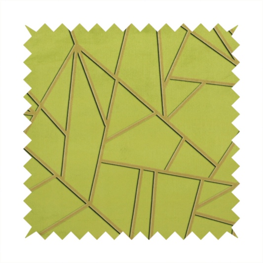 A close-up of a luxurious lime or chartreuse green fabric featuring a fractured, geometric mosaic pattern. The vibrant, matte background is segmented by a network of recessed metallic gold lines that form sharp, irregular polygons. This "shattered-glass" effect combines a high-energy, citrus-toned base with shimmering, Art Deco-inspired gold linework for a bold and architectural look.