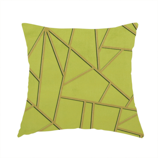 The fabric used to create this handmade cushion is a luxurious lime or chartreuse green fabric featuring a fractured, geometric mosaic pattern. The vibrant, matte background is segmented by a network of recessed metallic gold lines that form sharp, irregular polygons. This "shattered-glass" effect combines a high-energy, citrus-toned base with shimmering, Art Deco-inspired gold linework for a bold and architectural look.