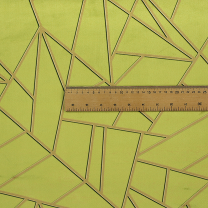 A close-up of a luxurious lime or chartreuse green fabric featuring a fractured, geometric mosaic pattern. The vibrant, matte background is segmented by a network of recessed metallic gold lines that form sharp, irregular polygons. This "shattered-glass" effect combines a high-energy, citrus-toned base with shimmering, Art Deco-inspired gold linework for a bold and architectural look.