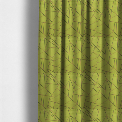 The fabric used to create these made-to-measure curtains is a luxurious lime or chartreuse green fabric featuring a fractured, geometric mosaic pattern. The vibrant, matte background is segmented by a network of recessed metallic gold lines that form sharp, irregular polygons. This "shattered-glass" effect combines a high-energy, citrus-toned base with shimmering, Art Deco-inspired gold linework for a bold and architectural look.