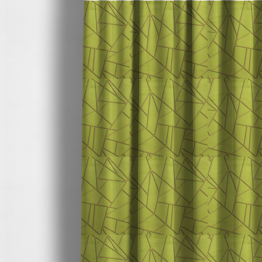 The fabric used to create these made-to-measure curtains is a luxurious lime or chartreuse green fabric featuring a fractured, geometric mosaic pattern. The vibrant, matte background is segmented by a network of recessed metallic gold lines that form sharp, irregular polygons. This "shattered-glass" effect combines a high-energy, citrus-toned base with shimmering, Art Deco-inspired gold linework for a bold and architectural look.