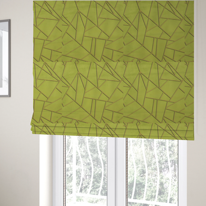 The fabric used to create these Roman blinds is a luxurious lime or chartreuse green fabric featuring a fractured, geometric mosaic pattern. The vibrant, matte background is segmented by a network of recessed metallic gold lines that form sharp, irregular polygons. This "shattered-glass" effect combines a high-energy, citrus-toned base with shimmering, Art Deco-inspired gold linework for a bold and architectural look.