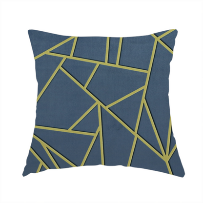 The fabric used to create these handmade cushions is a luxurious slate grey fabric featuring a fractured, geometric mosaic pattern. The deep, matte background is segmented by a network of recessed metallic gold lines that form sharp, irregular polygons. This "shattered-glass" effect creates a striking visual contrast, blending the cool, dark tones of the textile with shimmering, Art Deco-inspired accents for a modern, high-end look.