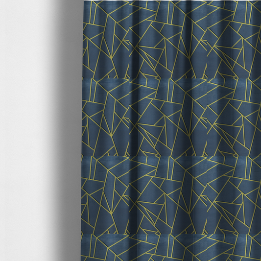 The fabric used to create these made-to-measure curtains is a luxurious slate grey fabric featuring a fractured, geometric mosaic pattern. The deep, matte background is segmented by a network of recessed metallic gold lines that form sharp, irregular polygons. This "shattered-glass" effect creates a striking visual contrast, blending the cool, dark tones of the textile with shimmering, Art Deco-inspired accents for a modern, high-end look.