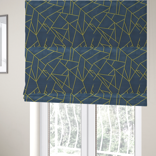 The fabric used to create these Roman blinds is  a luxurious slate grey fabric featuring a fractured, geometric mosaic pattern. The deep, matte background is segmented by a network of recessed metallic gold lines that form sharp, irregular polygons. This "shattered-glass" effect creates a striking visual contrast, blending the cool, dark tones of the textile with shimmering, Art Deco-inspired accents for a modern, high-end look.