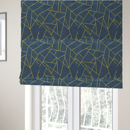 The fabric used to create these Roman blinds is  a luxurious slate grey fabric featuring a fractured, geometric mosaic pattern. The deep, matte background is segmented by a network of recessed metallic gold lines that form sharp, irregular polygons. This "shattered-glass" effect creates a striking visual contrast, blending the cool, dark tones of the textile with shimmering, Art Deco-inspired accents for a modern, high-end look.