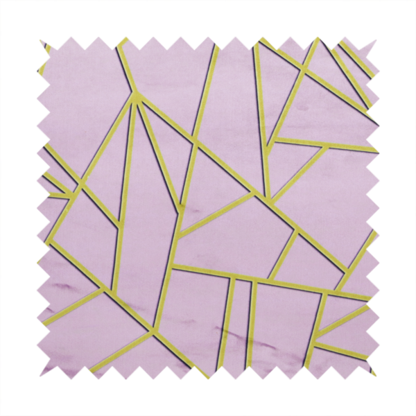 A close-up of a luxurious lavender or lilac fabric featuring a fractured, geometric mosaic pattern. The soft, matte background is segmented by a network of recessed metallic gold lines that form sharp, irregular polygons. This "shattered-glass" effect creates a sophisticated visual contrast, blending the delicate, feminine tones of the textile with shimmering, Art Deco-inspired gold accents for a clean and contemporary look.