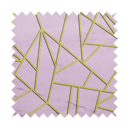 A close-up of a luxurious lavender or lilac fabric featuring a fractured, geometric mosaic pattern. The soft, matte background is segmented by a network of recessed metallic gold lines that form sharp, irregular polygons. This "shattered-glass" effect creates a sophisticated visual contrast, blending the delicate, feminine tones of the textile with shimmering, Art Deco-inspired gold accents for a clean and contemporary look.