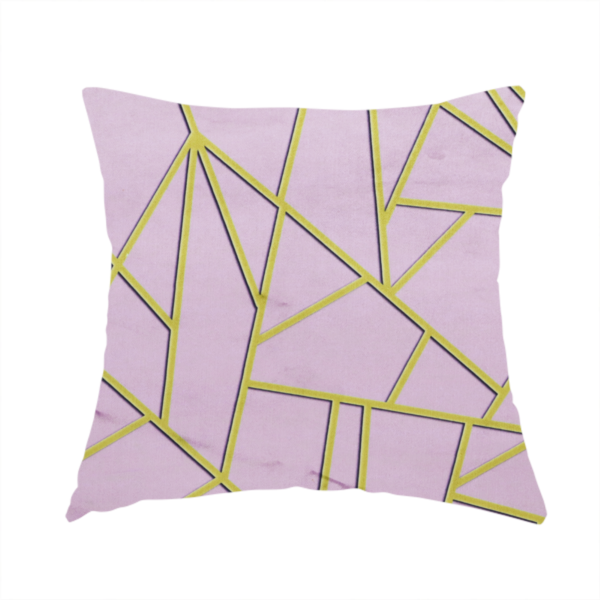 The fabric used to create this handmade cushion is a luxurious lavender or lilac fabric featuring a fractured, geometric mosaic pattern. The soft, matte background is segmented by a network of recessed metallic gold lines that form sharp, irregular polygons. This "shattered-glass" effect creates a sophisticated visual contrast, blending the delicate, feminine tones of the textile with shimmering, Art Deco-inspired gold accents for a clean and contemporary look.
