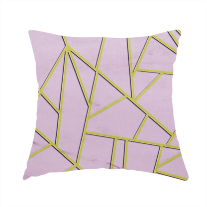 The fabric used to create this handmade cushion is a luxurious lavender or lilac fabric featuring a fractured, geometric mosaic pattern. The soft, matte background is segmented by a network of recessed metallic gold lines that form sharp, irregular polygons. This "shattered-glass" effect creates a sophisticated visual contrast, blending the delicate, feminine tones of the textile with shimmering, Art Deco-inspired gold accents for a clean and contemporary look.