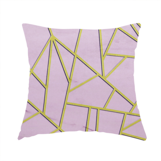 The fabric used to create this handmade cushion is a luxurious lavender or lilac fabric featuring a fractured, geometric mosaic pattern. The soft, matte background is segmented by a network of recessed metallic gold lines that form sharp, irregular polygons. This "shattered-glass" effect creates a sophisticated visual contrast, blending the delicate, feminine tones of the textile with shimmering, Art Deco-inspired gold accents for a clean and contemporary look.