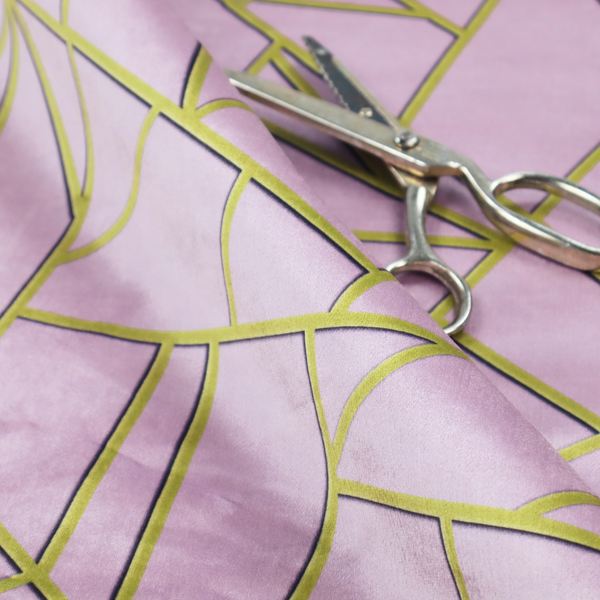 A close-up of a luxurious lavender or lilac fabric featuring a fractured, geometric mosaic pattern. The soft, matte background is segmented by a network of recessed metallic gold lines that form sharp, irregular polygons. This "shattered-glass" effect creates a sophisticated visual contrast, blending the delicate, feminine tones of the textile with shimmering, Art Deco-inspired gold accents for a clean and contemporary look.