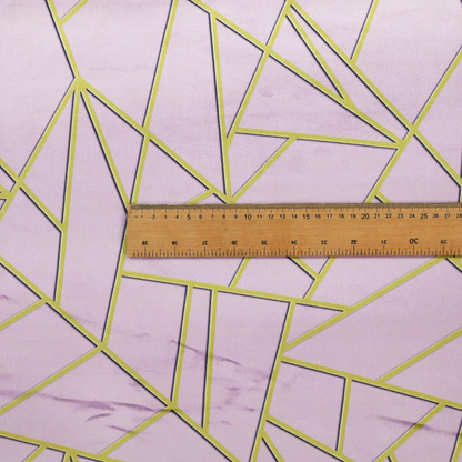 A close-up of a luxurious lavender or lilac fabric featuring a fractured, geometric mosaic pattern. The soft, matte background is segmented by a network of recessed metallic gold lines that form sharp, irregular polygons. This "shattered-glass" effect creates a sophisticated visual contrast, blending the delicate, feminine tones of the textile with shimmering, Art Deco-inspired gold accents for a clean and contemporary look.