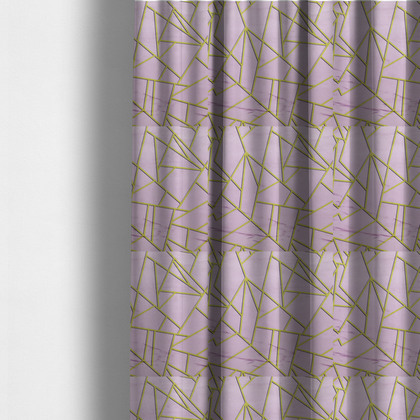 The fabric used to create these made-to-measure curtains is a luxurious lavender or lilac fabric featuring a fractured, geometric mosaic pattern. The soft, matte background is segmented by a network of recessed metallic gold lines that form sharp, irregular polygons. This "shattered-glass" effect creates a sophisticated visual contrast, blending the delicate, feminine tones of the textile with shimmering, Art Deco-inspired gold accents for a clean and contemporary look.