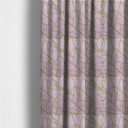 The fabric used to create these made-to-measure curtains is a luxurious lavender or lilac fabric featuring a fractured, geometric mosaic pattern. The soft, matte background is segmented by a network of recessed metallic gold lines that form sharp, irregular polygons. This "shattered-glass" effect creates a sophisticated visual contrast, blending the delicate, feminine tones of the textile with shimmering, Art Deco-inspired gold accents for a clean and contemporary look.