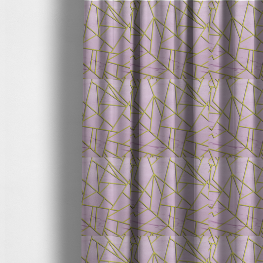 The fabric used to create these made-to-measure curtains is a luxurious lavender or lilac fabric featuring a fractured, geometric mosaic pattern. The soft, matte background is segmented by a network of recessed metallic gold lines that form sharp, irregular polygons. This "shattered-glass" effect creates a sophisticated visual contrast, blending the delicate, feminine tones of the textile with shimmering, Art Deco-inspired gold accents for a clean and contemporary look.