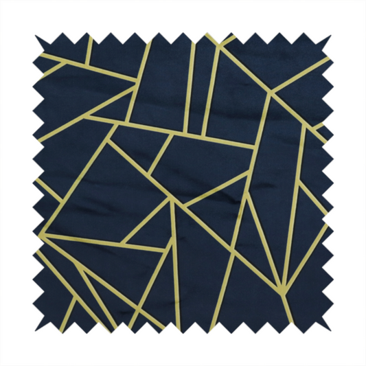 A close-up of a luxurious navy blue fabric featuring a fractured, geometric mosaic pattern. The dark, matte background is segmented by a network of recessed metallic gold lines that form sharp, irregular polygons. This "shattered-glass" or "cracked ice" effect creates a striking visual contrast, blending a deep, oceanic base with shimmering, Art Deco-inspired gold linework for a sophisticated, architectural look.