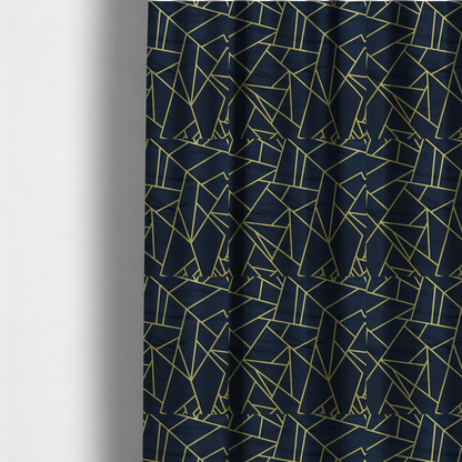 The fabric used to create these made-to-measure curtains is a  luxurious navy blue fabric featuring a fractured, geometric mosaic pattern. The dark, matte background is segmented by a network of recessed metallic gold lines that form sharp, irregular polygons. This "shattered-glass" or "cracked ice" effect creates a striking visual contrast, blending a deep, oceanic base with shimmering, Art Deco-inspired gold linework for a sophisticated, architectural look.