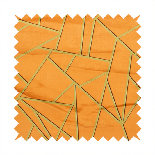 A close-up of a luxurious bright orange or apricot fabric featuring a fractured, geometric mosaic pattern. The warm, vibrant background is segmented by a network of recessed metallic gold lines that form sharp, irregular polygons. This "shattered-glass" effect pairs a bold, citrus-toned base with shimmering, Art Deco-inspired gold linework, creating a high-contrast and architectural look with a subtle 3D texture.