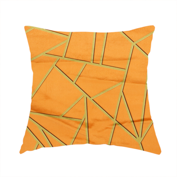 The fabric used to create this handmade cushion is a luxurious bright orange or apricot fabric featuring a fractured, geometric mosaic pattern. The warm, vibrant background is segmented by a network of recessed metallic gold lines that form sharp, irregular polygons. This "shattered-glass" effect pairs a bold, citrus-toned base with shimmering, Art Deco-inspired gold linework, creating a high-contrast and architectural look with a subtle 3D texture.