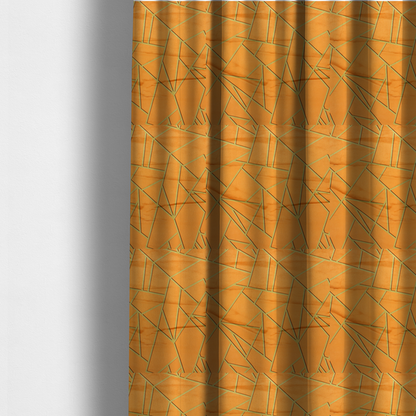 The fabric used to create these made-to-measure curtains is a luxurious bright orange or apricot fabric featuring a fractured, geometric mosaic pattern. The warm, vibrant background is segmented by a network of recessed metallic gold lines that form sharp, irregular polygons. This "shattered-glass" effect pairs a bold, citrus-toned base with shimmering, Art Deco-inspired gold linework, creating a high-contrast and architectural look with a subtle 3D texture.
