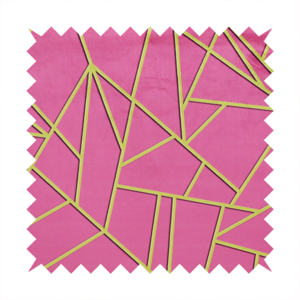 A close-up of a luxurious magenta or hot pink fabric featuring a fractured, geometric mosaic pattern. The vibrant, matte background is segmented by a network of recessed metallic gold lines that form sharp, irregular polygons. This "shattered-glass" effect creates a striking visual contrast, blending the intense, energetic pink base with shimmering, Art Deco-inspired gold linework for a modern and glamorous look.