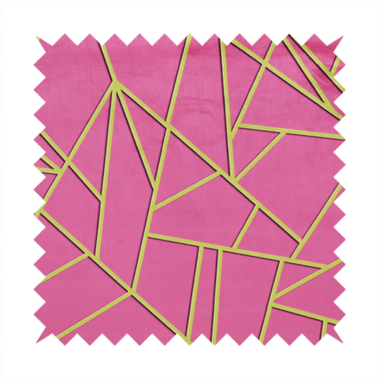 A close-up of a luxurious magenta or hot pink fabric featuring a fractured, geometric mosaic pattern. The vibrant, matte background is segmented by a network of recessed metallic gold lines that form sharp, irregular polygons. This "shattered-glass" effect creates a striking visual contrast, blending the intense, energetic pink base with shimmering, Art Deco-inspired gold linework for a modern and glamorous look.