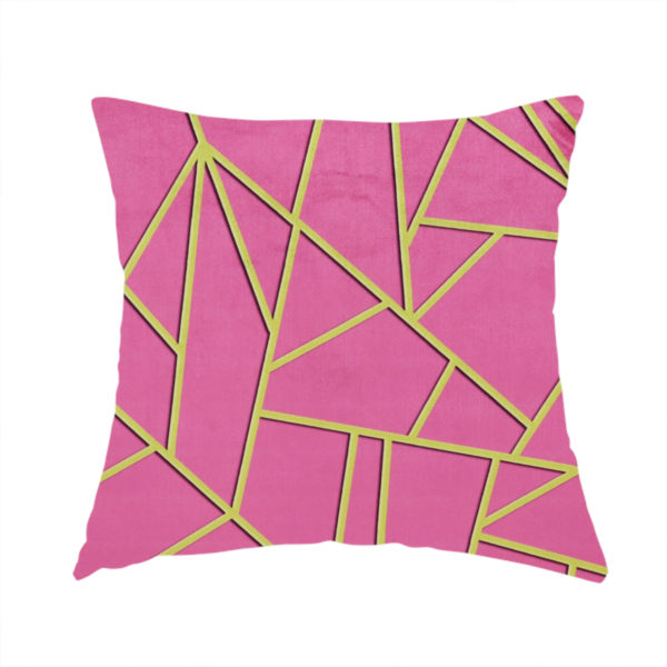 The fabric used to create this handmade cushion is a luxurious magenta or hot pink fabric featuring a fractured, geometric mosaic pattern. The vibrant, matte background is segmented by a network of recessed metallic gold lines that form sharp, irregular polygons. This "shattered-glass" effect creates a striking visual contrast, blending the intense, energetic pink base with shimmering, Art Deco-inspired gold linework for a modern and glamorous look.