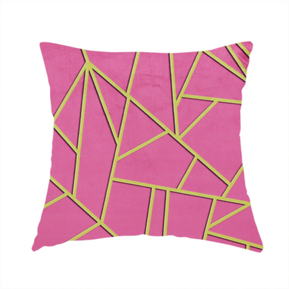 The fabric used to create this handmade cushion is a luxurious magenta or hot pink fabric featuring a fractured, geometric mosaic pattern. The vibrant, matte background is segmented by a network of recessed metallic gold lines that form sharp, irregular polygons. This "shattered-glass" effect creates a striking visual contrast, blending the intense, energetic pink base with shimmering, Art Deco-inspired gold linework for a modern and glamorous look.