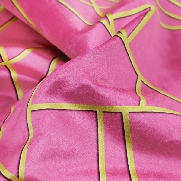A close-up of a luxurious magenta or hot pink fabric featuring a fractured, geometric mosaic pattern. The vibrant, matte background is segmented by a network of recessed metallic gold lines that form sharp, irregular polygons. This "shattered-glass" effect creates a striking visual contrast, blending the intense, energetic pink base with shimmering, Art Deco-inspired gold linework for a modern and glamorous look.