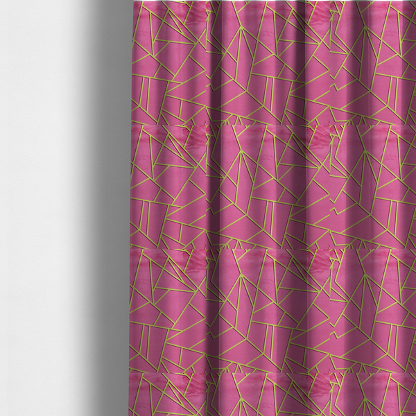 The fabric used to create these made-to-measure curtains is a luxurious magenta or hot pink fabric featuring a fractured, geometric mosaic pattern. The vibrant, matte background is segmented by a network of recessed metallic gold lines that form sharp, irregular polygons. This "shattered-glass" effect creates a striking visual contrast, blending the intense, energetic pink base with shimmering, Art Deco-inspired gold linework for a modern and glamorous look.